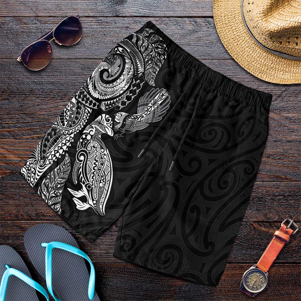 Aotearoa Moko Tribal Tattoo Shorts for Men New Zealand Maori Penguin and Fantail Black Color