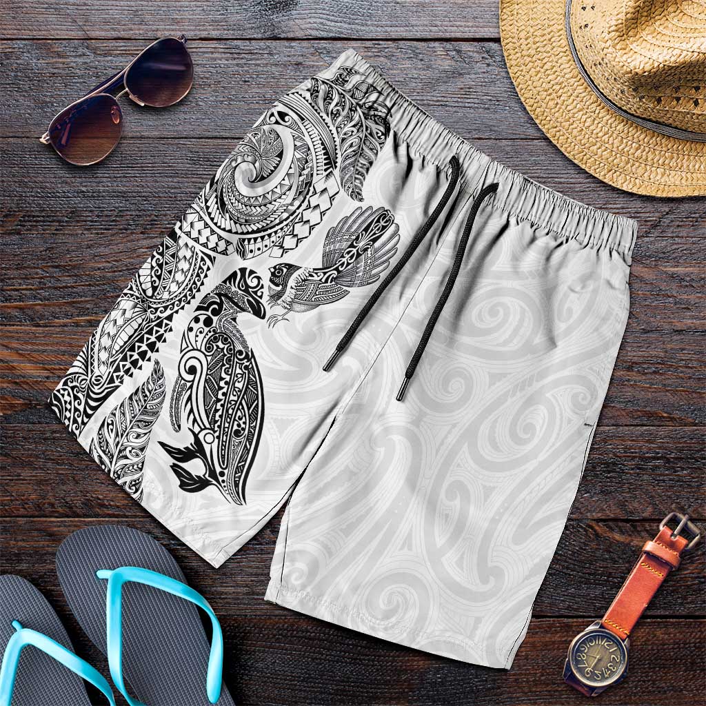 Aotearoa Moko Tribal Tattoo Shorts for Men New Zealand Maori Penguin and Fantail White Color