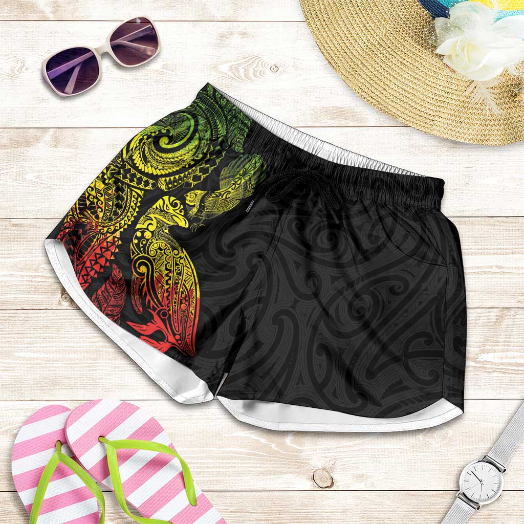 Aotearoa Moko Tribal Tattoo Shorts for Women New Zealand Maori Penguin and Fantail Reggae Style