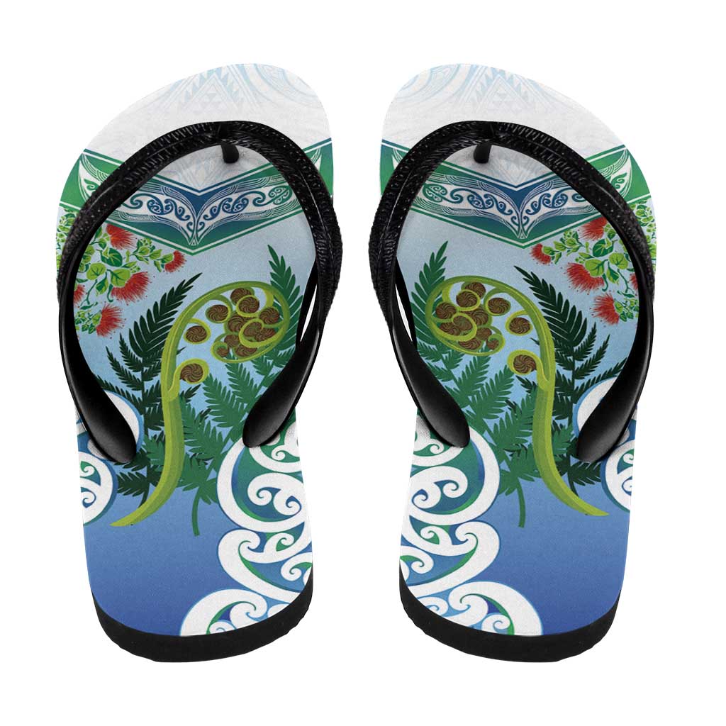 Aotearoa New Zealand Natural Plants Flip Flops Pohutukawa with Silver Ferns Koru Frond Maori Tattoos