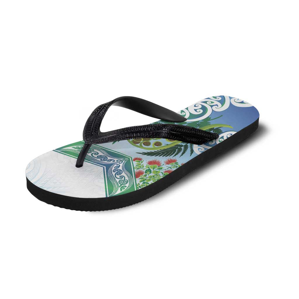 Aotearoa New Zealand Natural Plants Flip Flops Pohutukawa with Silver Ferns Koru Frond Maori Tattoos