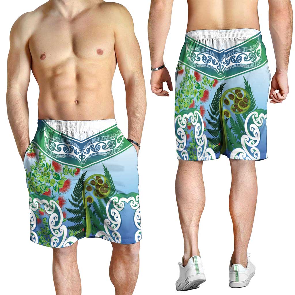 Aotearoa New Zealand Natural Plants Shorts for Men Pohutukawa with Silver Ferns Koru Frond Maori Tattoos