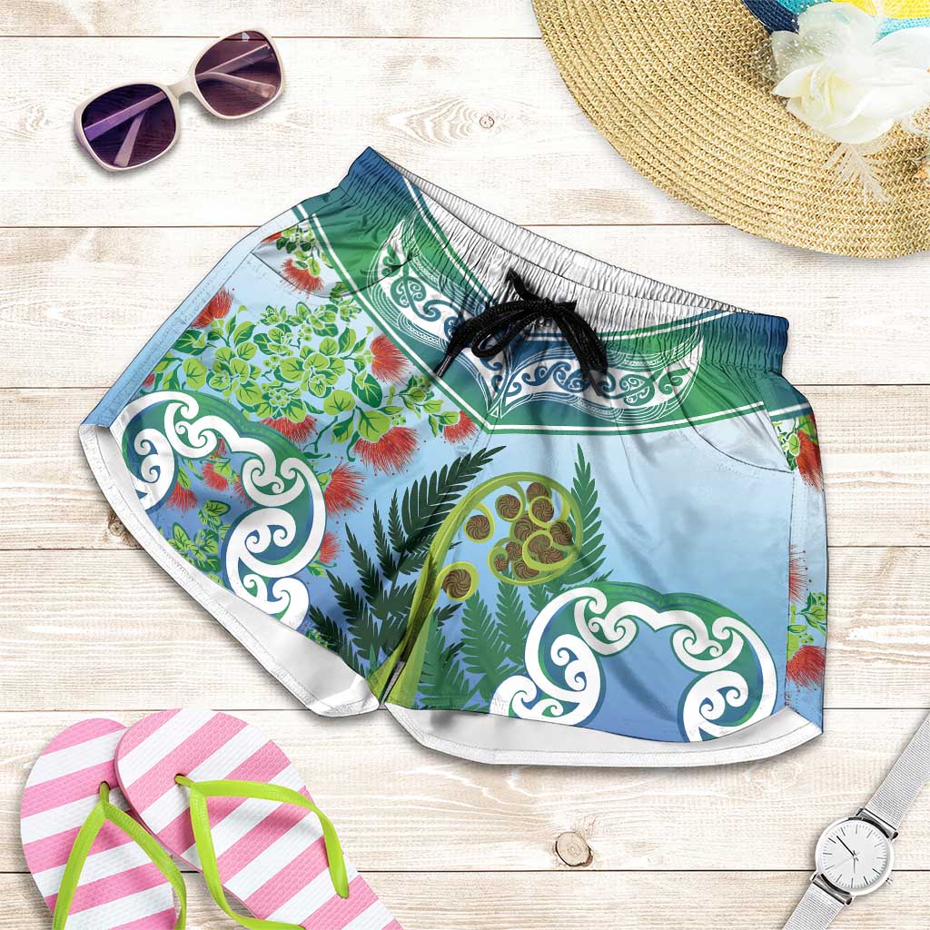 Aotearoa New Zealand Natural Plants Shorts for Women Pohutukawa with Silver Ferns Koru Frond Maori Tattoos
