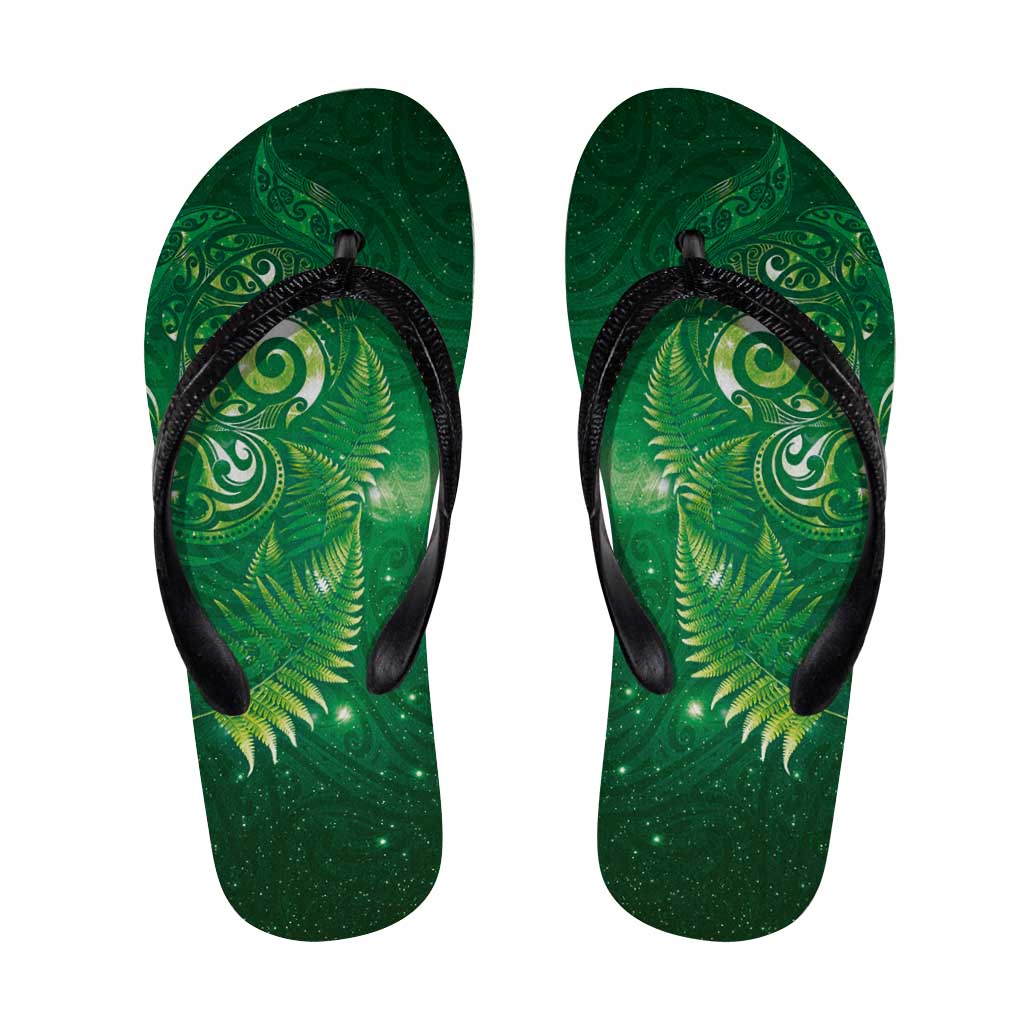 Aotearoa New Zealand New Year Flip Flops Tribal Koru Tattoo Green Galaxy Maori Silver Fern
