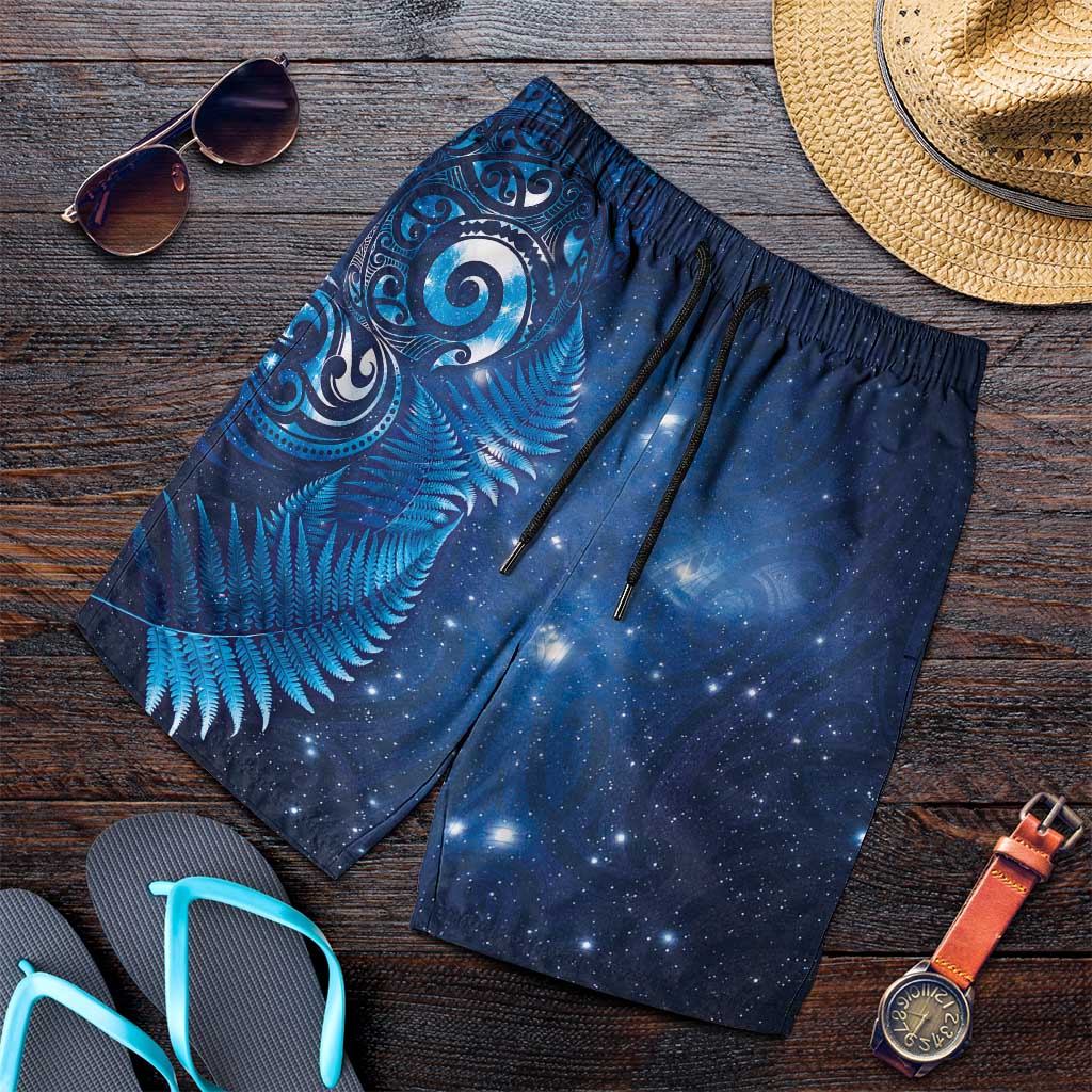 Aotearoa New Zealand New Year Shorts for Men Tribal Koru Tattoo Blue Galaxy Maori Silver Fern