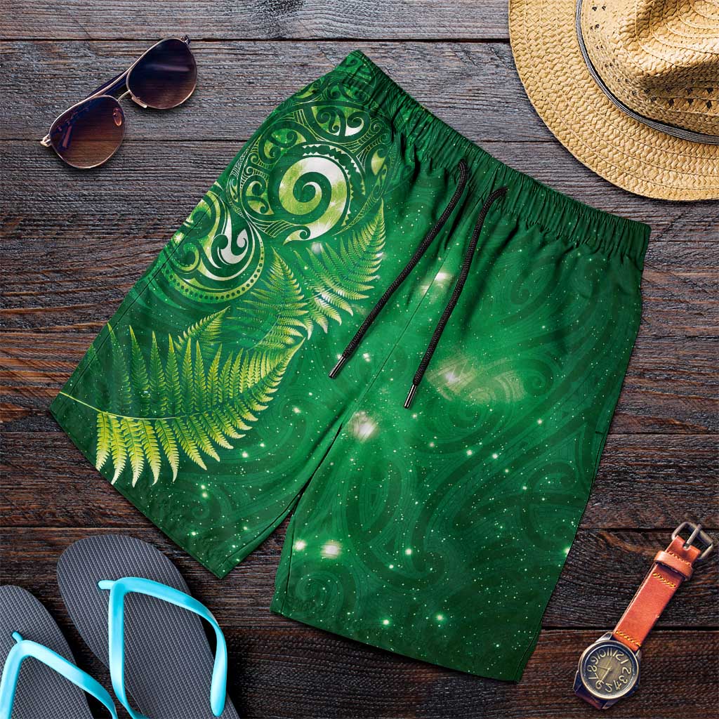 Aotearoa New Zealand New Year Shorts for Men Tribal Koru Tattoo Green Galaxy Maori Silver Fern