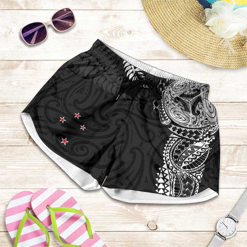 Aotearoa Volleyball Shorts for Women Silver Ferns and Maori Tribal Black