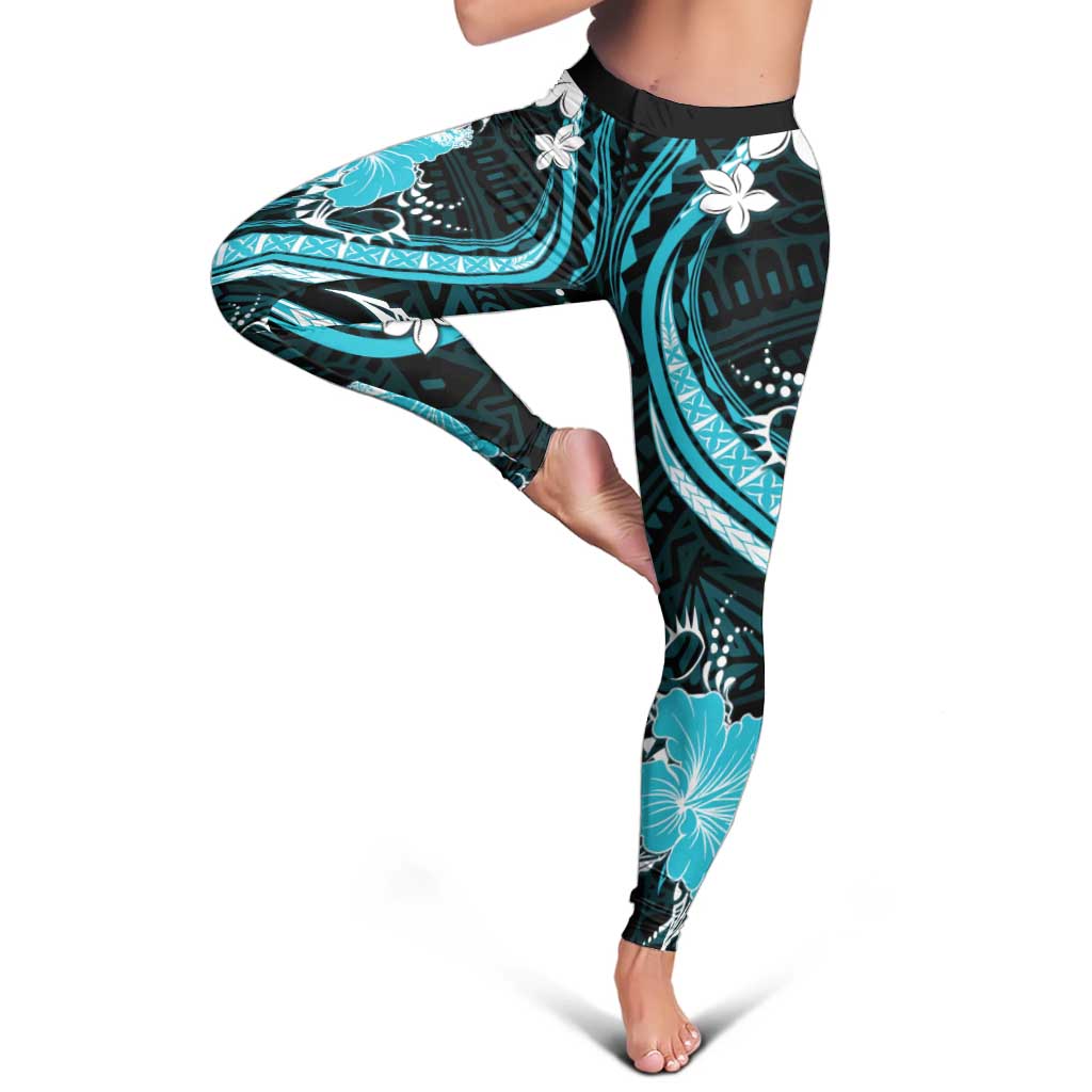 Aqua Polynesian Pattern With Tropical Flowers Leggings - Polynesian Pride