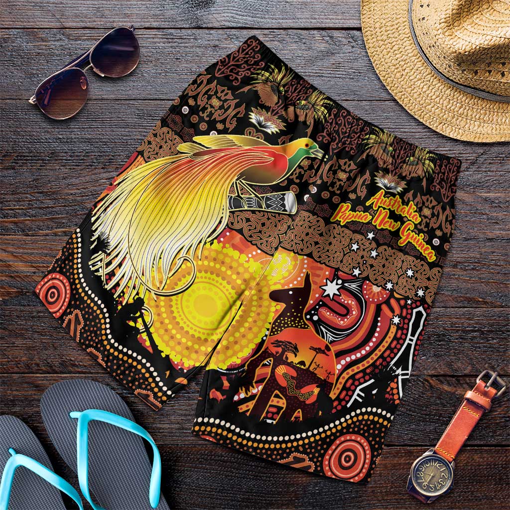Australia and Papua New Guinea Together Shorts for Men Kangaroo Aboriginal Art and Bird-of-paradise Oro Tribal Motifs - Polynesian Pride