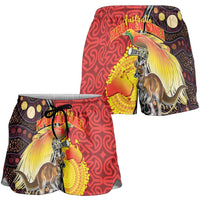 Australia and Papua New Guinea Together Shorts for Women Bird-of-paradise and Kangaroo with Oro Tapa and Aboriginal Art Motifs - Polynesian Pride