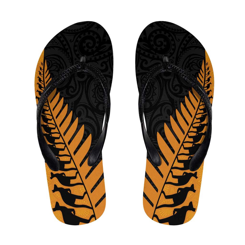Australia New Zealand Rugby Flip Flops Gold Aboriginal Wallabies and Maori Black Fern - Polynesian Pride