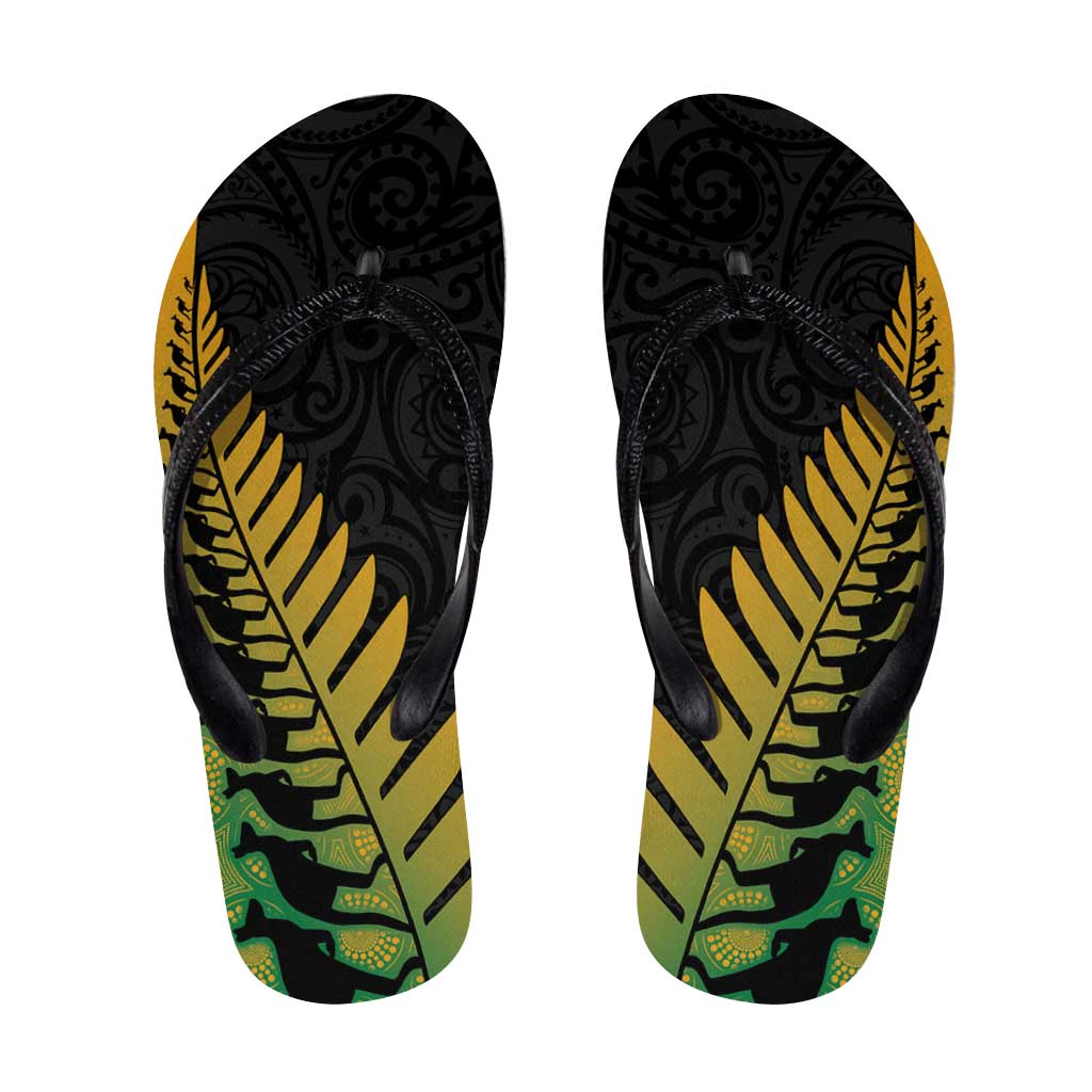 Australia New Zealand Rugby Flip Flops Gradient Aboriginal Wallabies and Maori Black Fern - Polynesian Pride