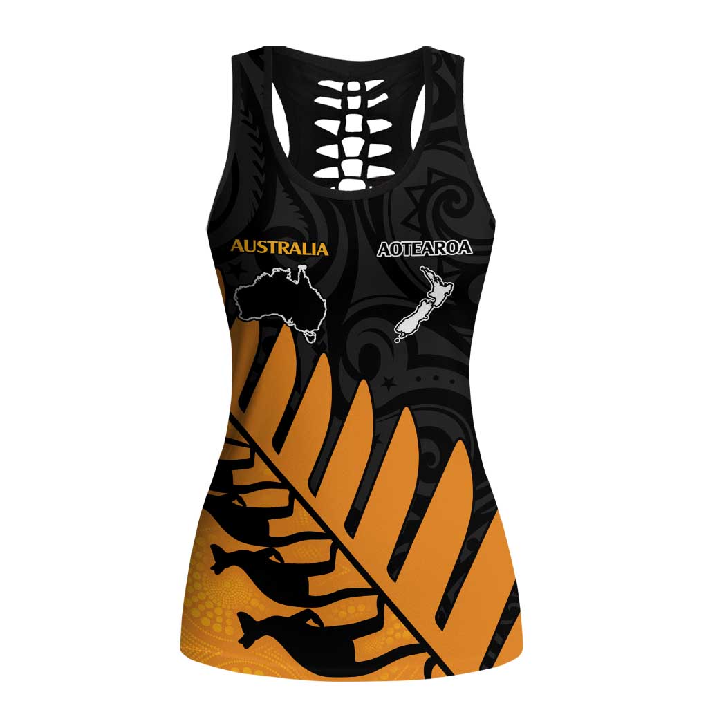 Australia New Zealand Rugby Hollow Tank Top Gold Aboriginal Wallabies and Maori Black Fern - Polynesian Pride