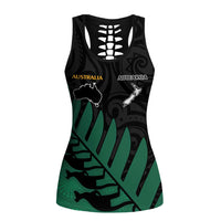 Australia New Zealand Rugby Hollow Tank Top Green Aboriginal Wallabies and Maori Black Fern - Polynesian Pride