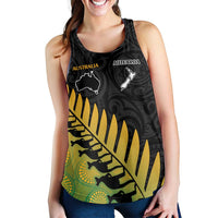 Australia New Zealand Rugby Women Racerback Tank Gradient Aboriginal Wallabies and Maori Black Fern - Polynesian Pride
