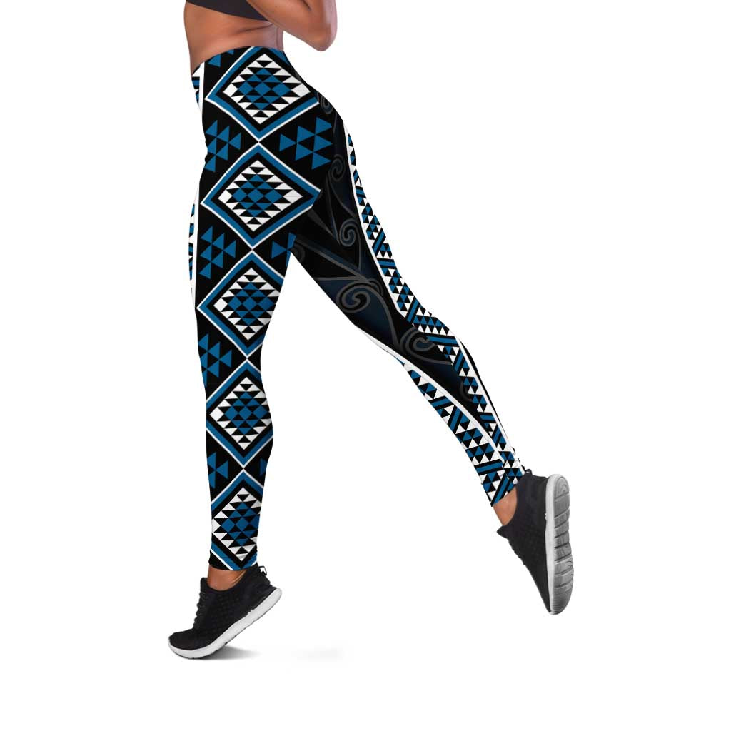 Azure Tukutuku Pattern Aotearoa Leggings Niho Taniwha and Puhoro Motifs