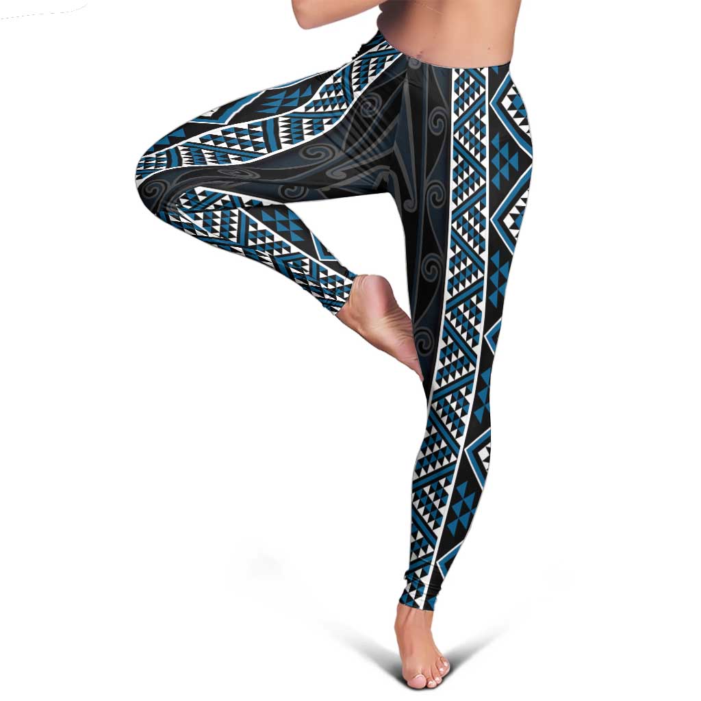 Azure Tukutuku Pattern Aotearoa Leggings Niho Taniwha and Puhoro Motifs