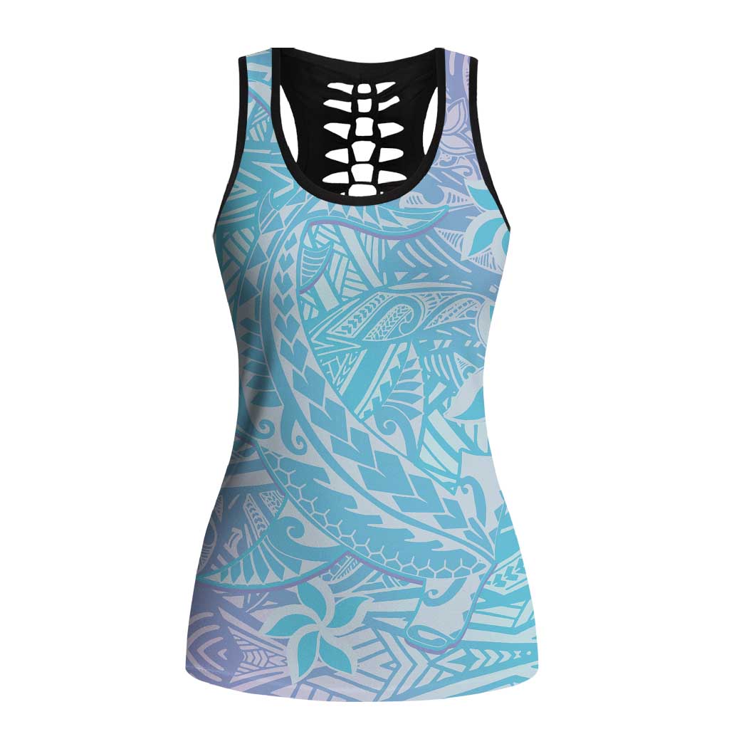 Baby Blue Gradient Polynesia Hollow Tank Top Hawaiian Tribal Hammerhead Shark Tattoo - Polynesian Pride
