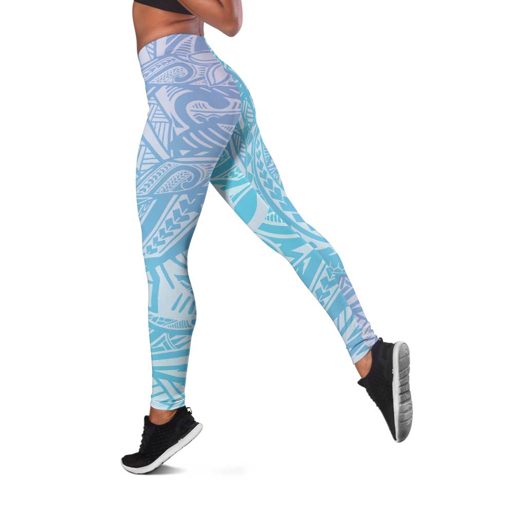 Baby Blue Gradient Polynesia Leggings Hawaiian Tribal Hammerhead Shark Tattoo - Polynesian Pride