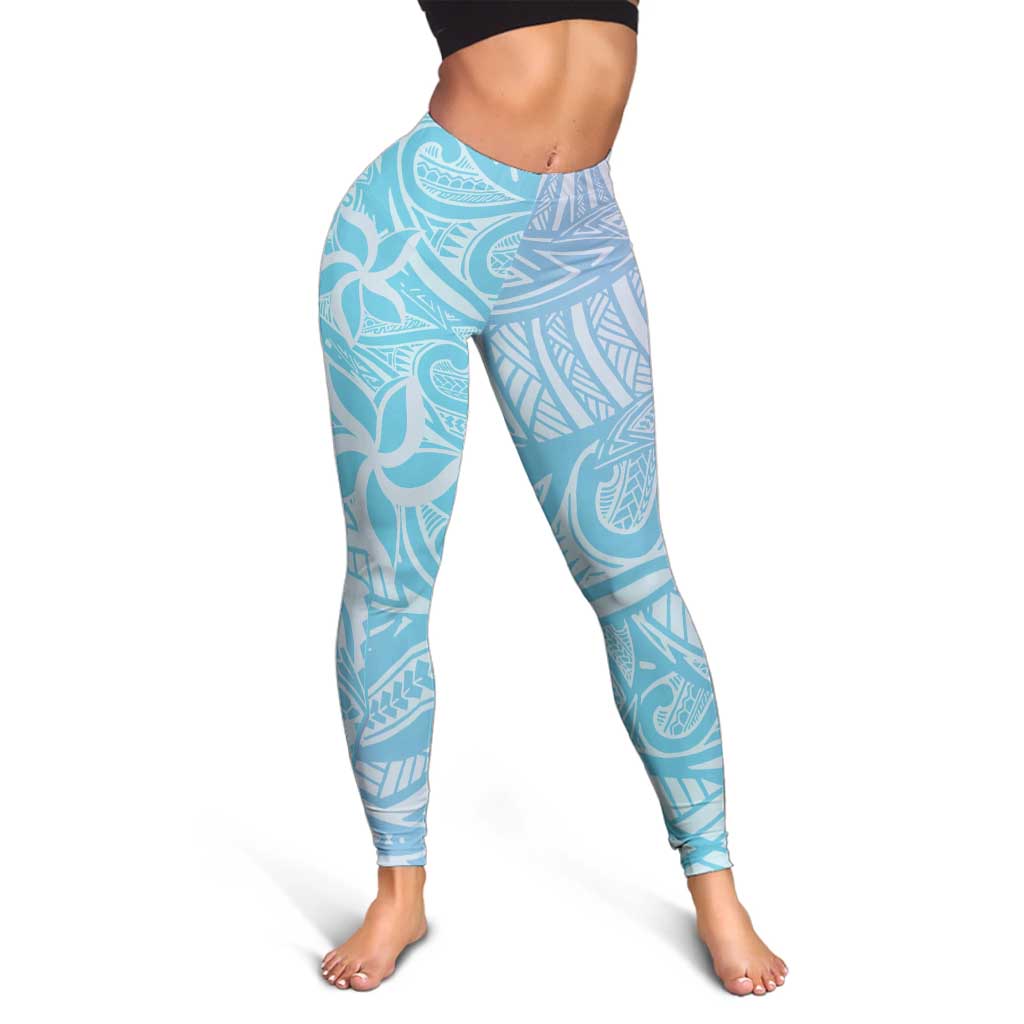 Baby Blue Gradient Polynesia Leggings Hawaiian Tribal Hammerhead Shark Tattoo - Polynesian Pride
