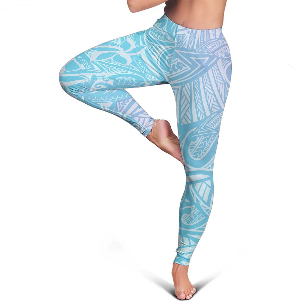 Baby Blue Gradient Polynesia Leggings Hawaiian Tribal Hammerhead Shark Tattoo - Polynesian Pride