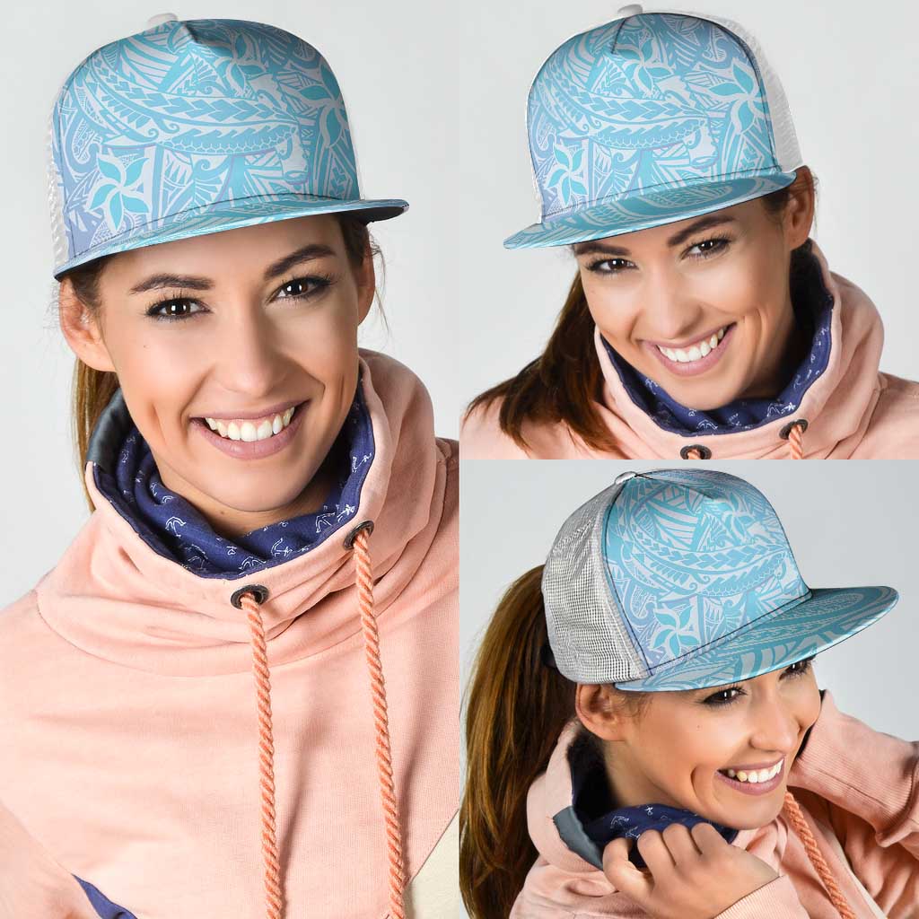 Baby Blue Gradient Polynesia Mesh Trucker Cap Hawaiian Tribal Hammerhead Shark Tattoo - Polynesian Pride