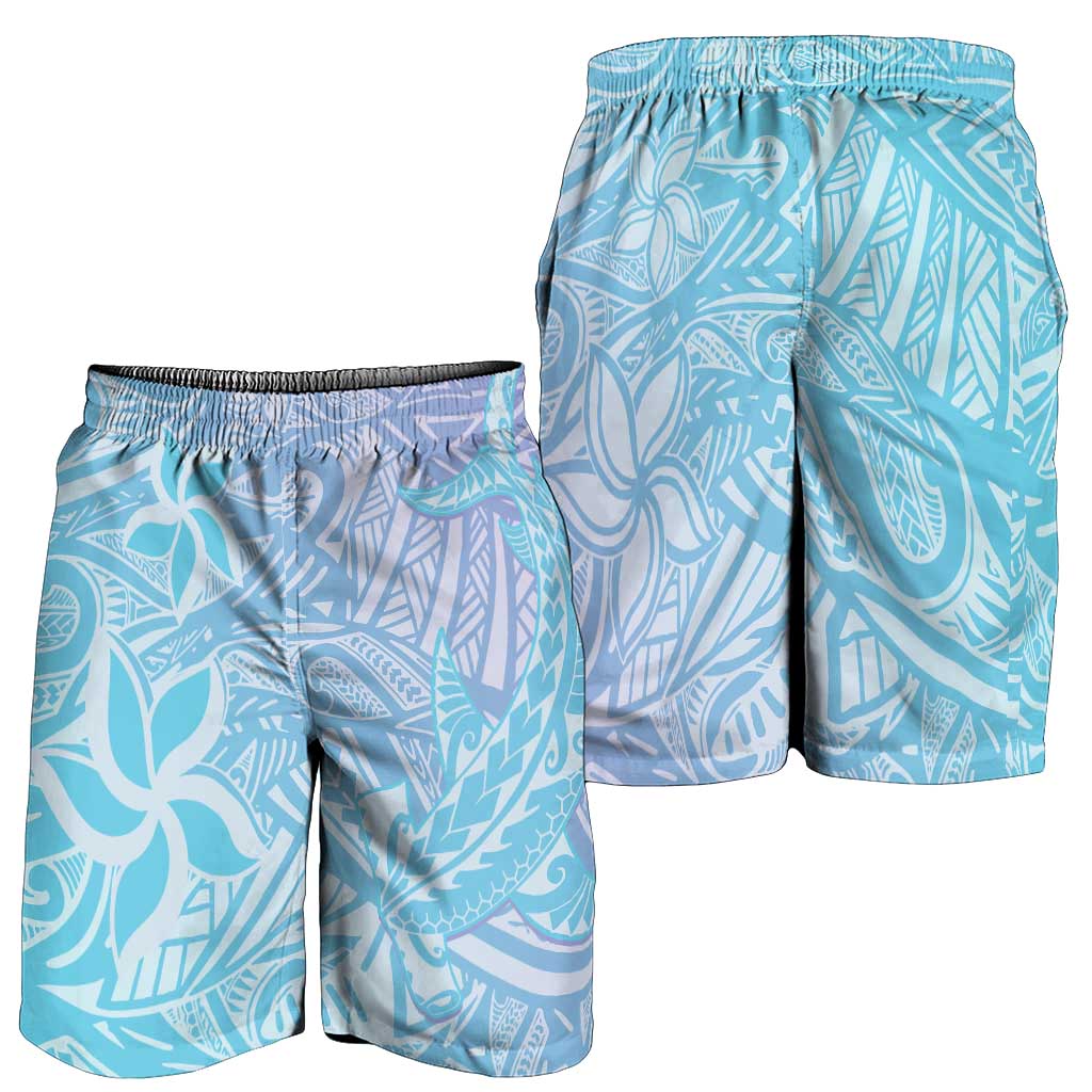 Baby Blue Gradient Polynesia Shorts for Men Hawaiian Tribal Hammerhead Shark Tattoo - Polynesian Pride