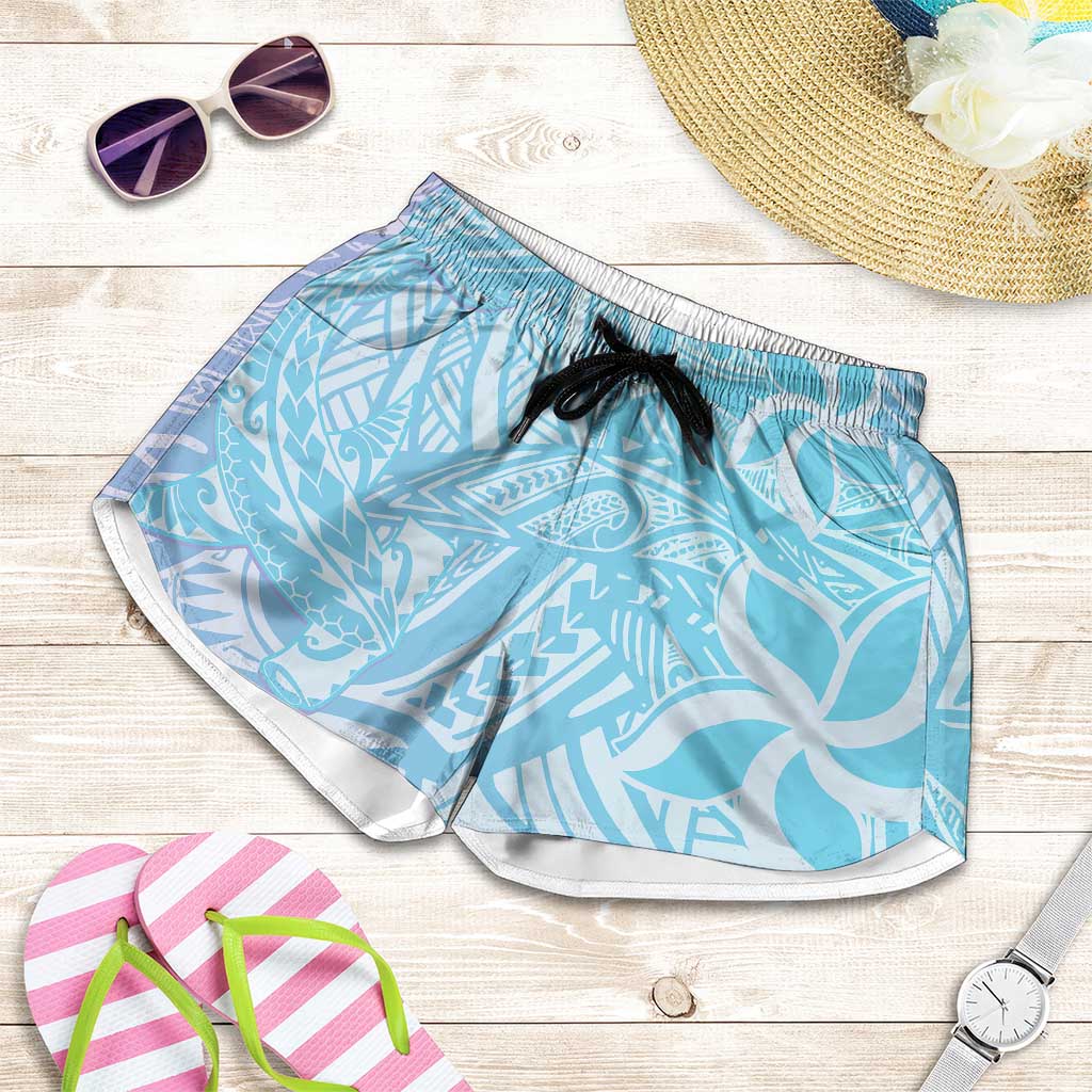 Baby Blue Gradient Polynesia Shorts for Women Hawaiian Tribal Hammerhead Shark Tattoo - Polynesian Pride
