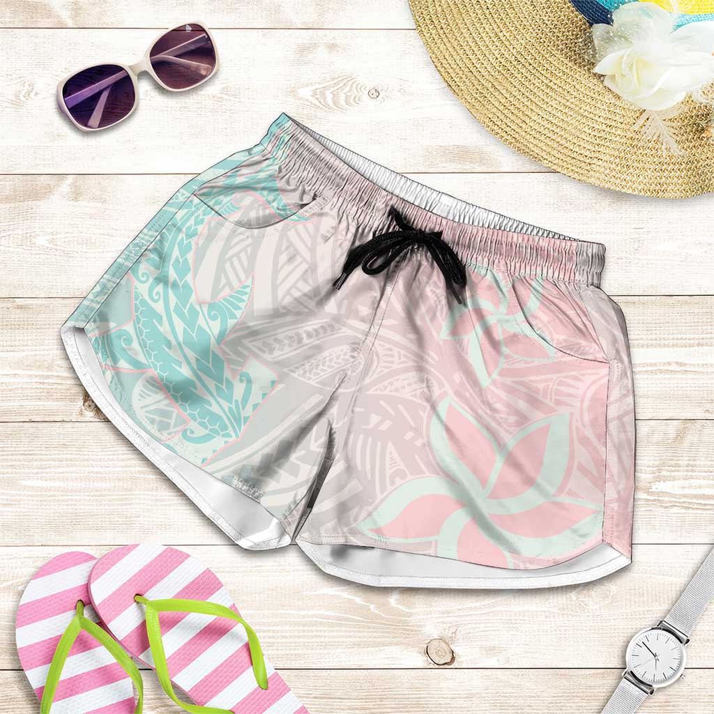 Baby Pink Gradient Polynesia Shorts for Women Hawaiian Tribal Hammerhead Shark Tattoo - Polynesian Pride