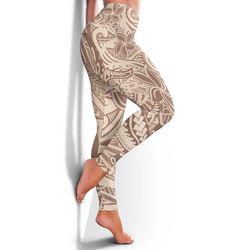 Beige Gradient Polynesia Leggings Hawaiian Tribal Hammerhead Shark Tattoo - Polynesian Pride