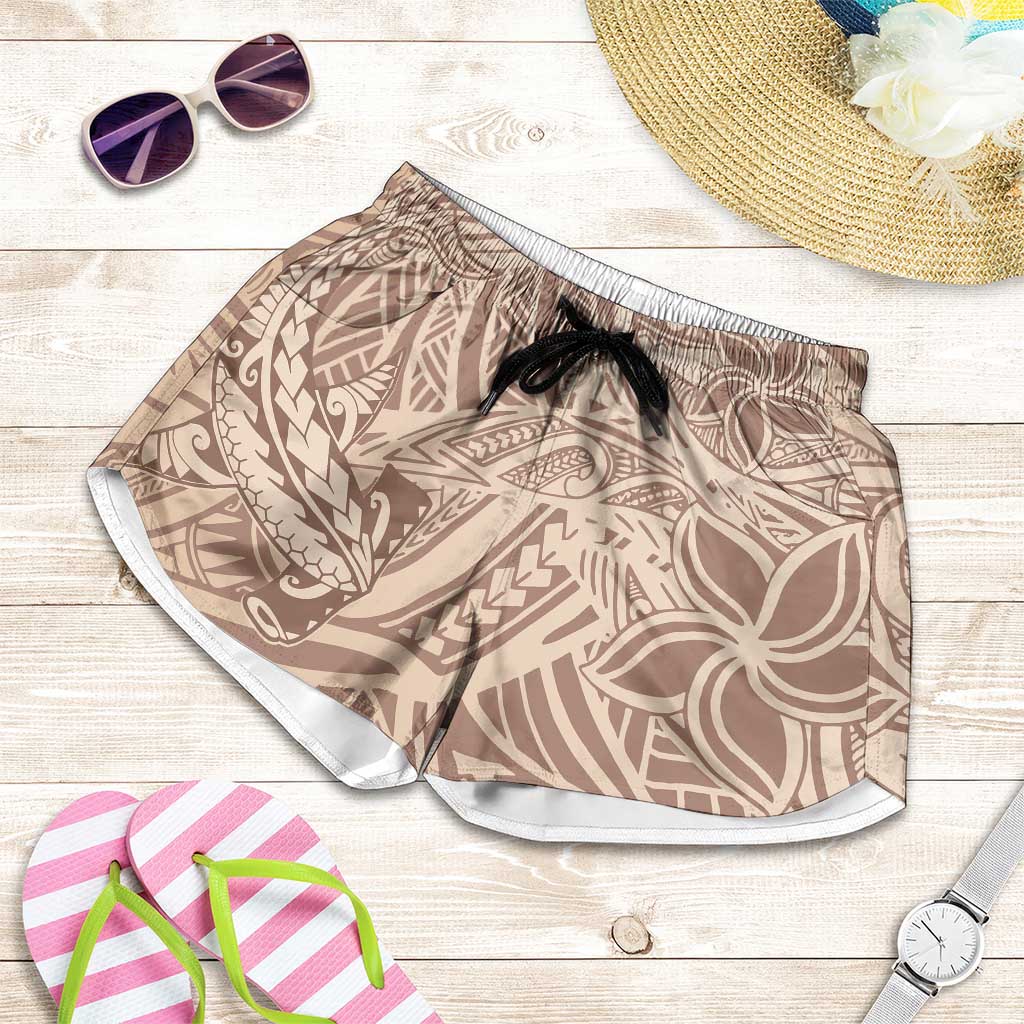Beige Gradient Polynesia Shorts for Women Hawaiian Tribal Hammerhead Shark Tattoo - Polynesian Pride