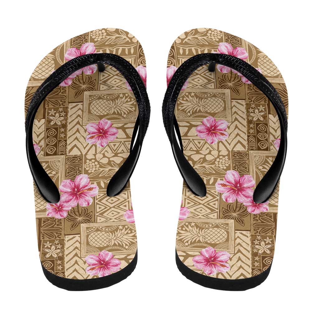 Beige Hawaii Hibiscus Tropical Flowers Motifs Flip Flops - Polynesian Pride