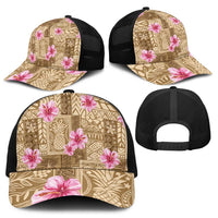 Beige Hawaii Hibiscus With Tropical Flowers Motifs Baseball Net Cap - Polynesian Pride