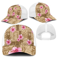 Beige Hawaii Hibiscus With Tropical Flowers Motifs Baseball Net Cap - Polynesian Pride