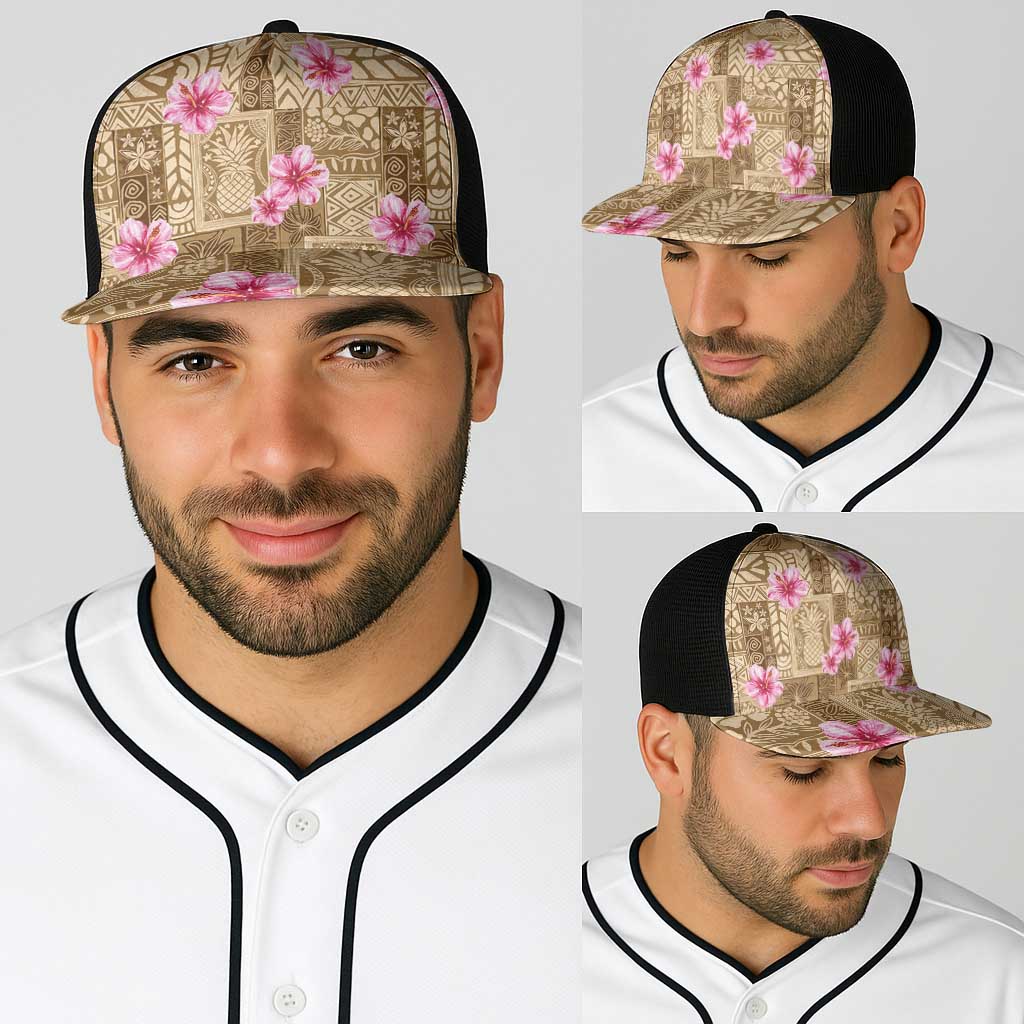 Beige Hawaii Hibiscus With Tropical Flowers Motifs Baseball Net Cap - Polynesian Pride