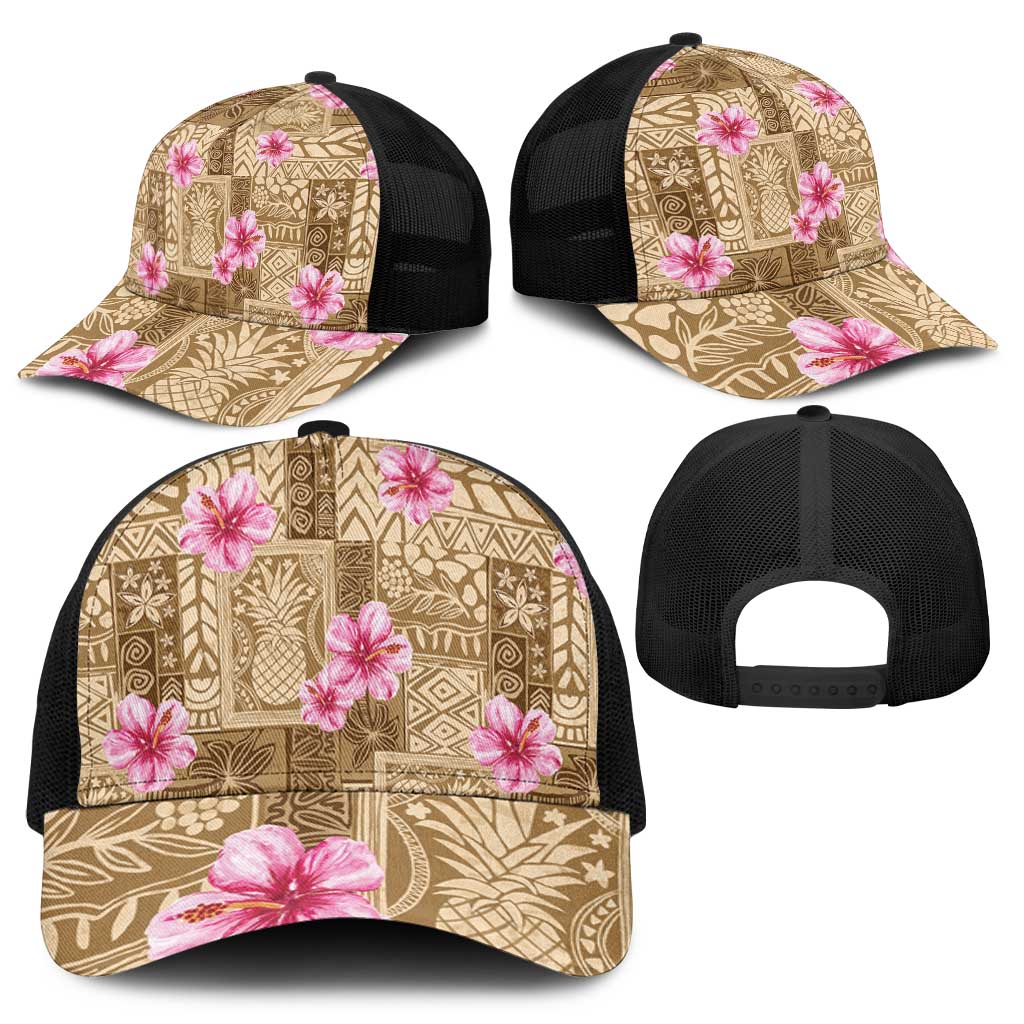 Beige Hawaii Hibiscus With Tropical Flowers Motifs Mesh Trucker Cap - Polynesian Pride