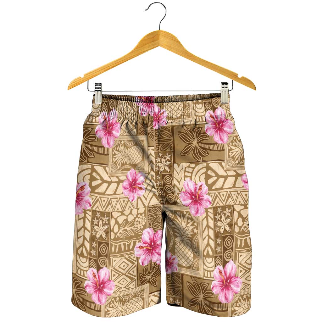 Beige Hawaii Hibiscus With Tropical Flowers Motifs Shorts for Men - Polynesian Pride