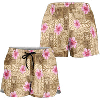Beige Hawaii Hibiscus With Tropical Flowers Motifs Shorts for Women - Polynesian Pride