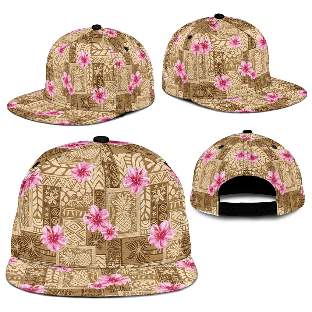 Beige Hawaii Hibiscus With Tropical Flowers Motifs Snapback Cap - Polynesian Pride