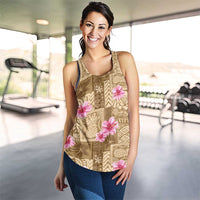 Beige Hawaii Hibiscus With Tropical Flowers Motifs Women Racerback Tank - Polynesian Pride
