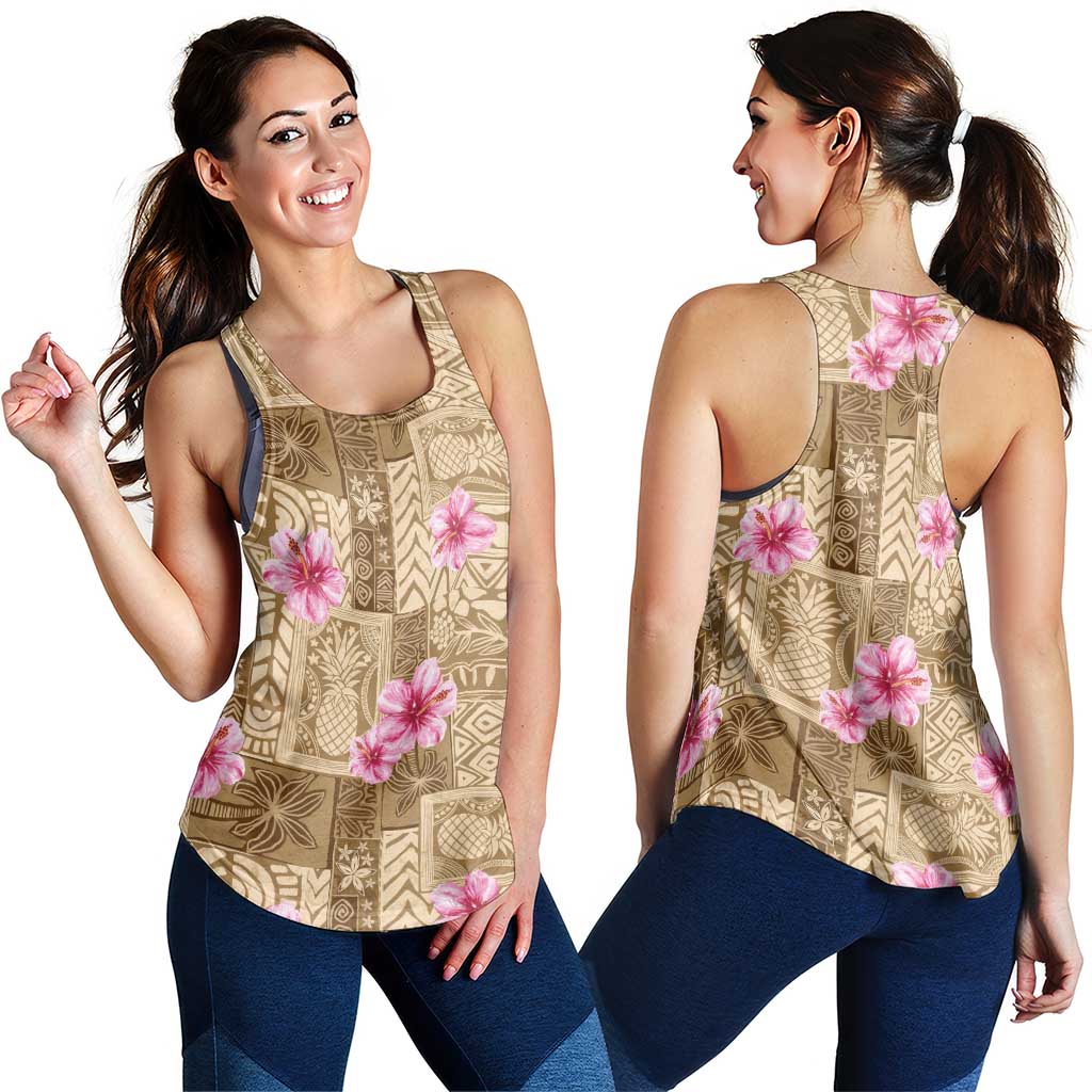 Beige Hawaii Hibiscus With Tropical Flowers Motifs Women Racerback Tank - Polynesian Pride