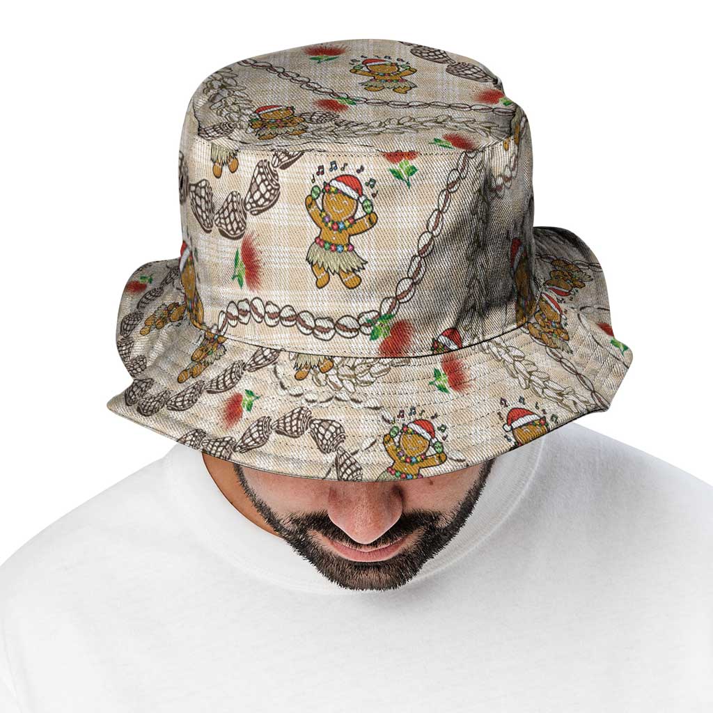 Beige Palaka Hawaii Mele Kalikimaka Bucket Hat Ohia Lehua Shell Leis Funny Gingerbread Santa - Polynesian Pride