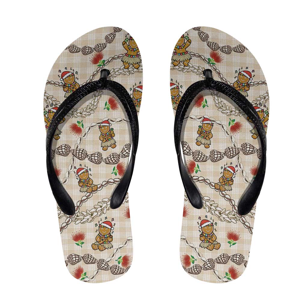 Beige Palaka Hawaii Mele Kalikimaka Flip Flops Ohia Lehua Shell Leis Funny Gingerbread Santa - Polynesian Pride