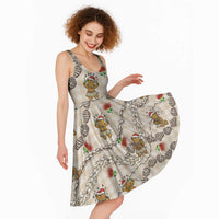 Beige Palaka Hawaii Mele Kalikimaka Midi Dress Ohia Lehua Shell Leis Funny Gingerbread Santa - Polynesian Pride