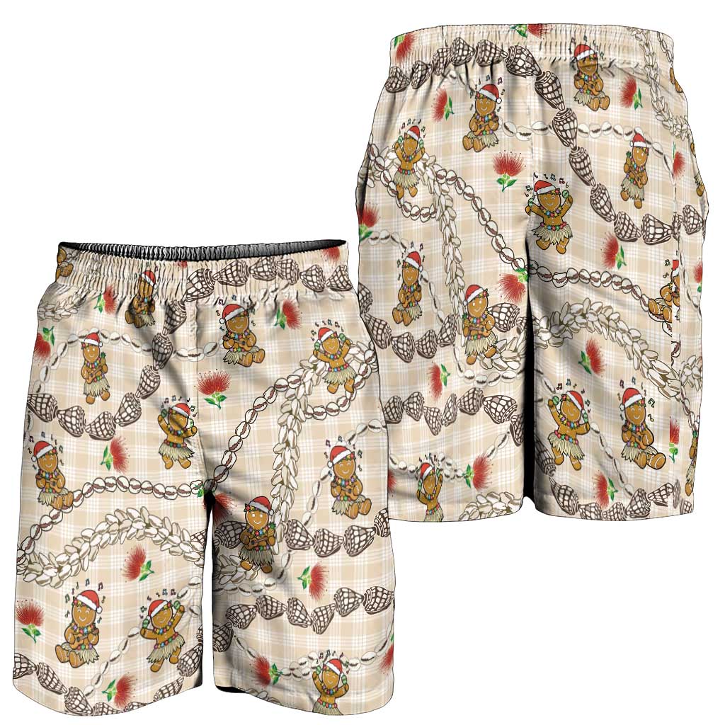 Beige Palaka Hawaii Mele Kalikimaka Shorts for Men Ohia Lehua Shell Leis Funny Gingerbread Santa - Polynesian Pride