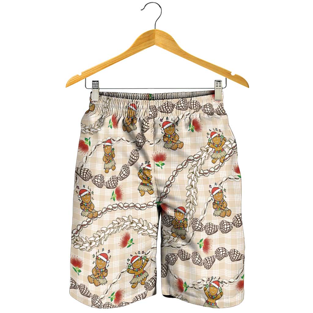Beige Palaka Hawaii Mele Kalikimaka Shorts for Men Ohia Lehua Shell Leis Funny Gingerbread Santa - Polynesian Pride
