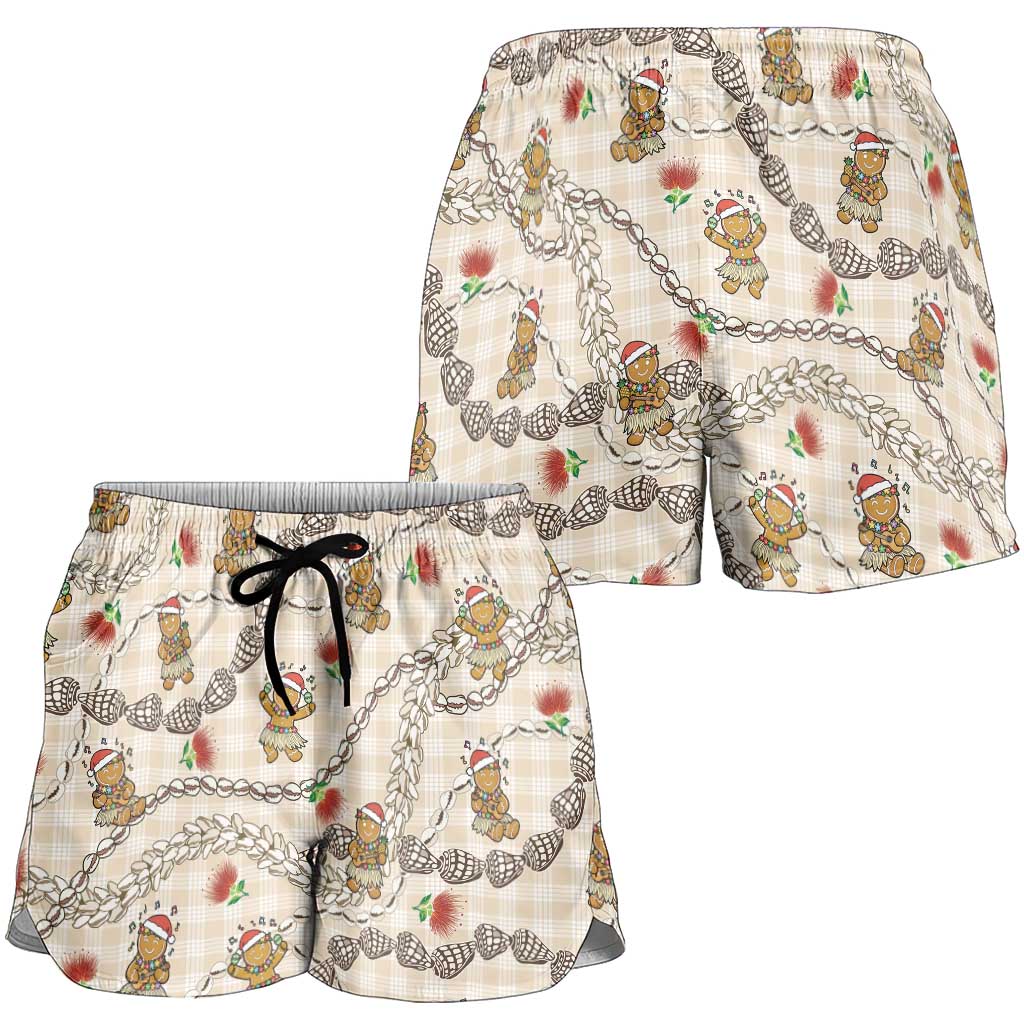 Beige Palaka Hawaii Mele Kalikimaka Shorts for Women Ohia Lehua Shell Leis Funny Gingerbread Santa - Polynesian Pride