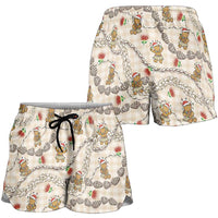 Beige Palaka Hawaii Mele Kalikimaka Shorts for Women Ohia Lehua Shell Leis Funny Gingerbread Santa - Polynesian Pride