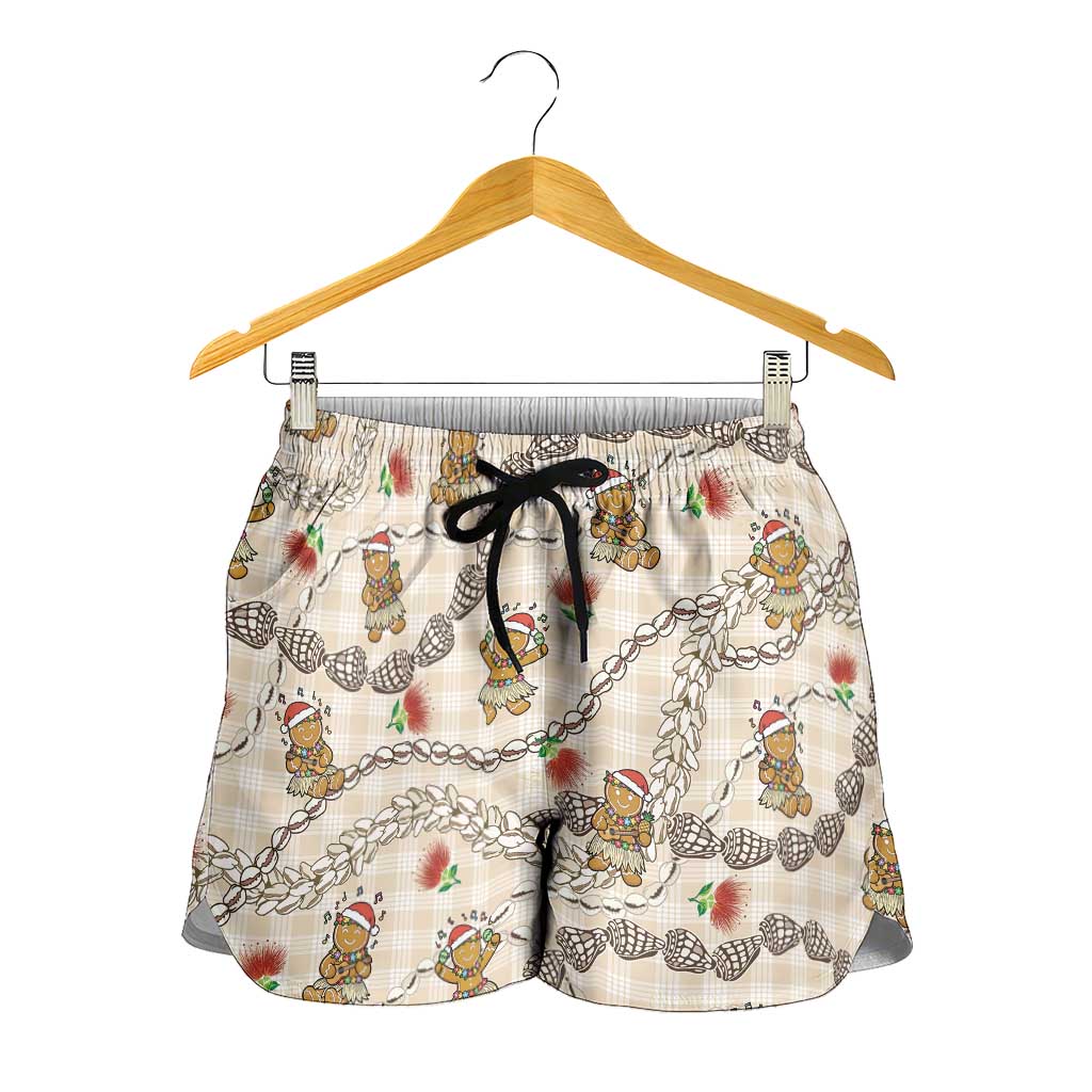 Beige Palaka Hawaii Mele Kalikimaka Shorts for Women Ohia Lehua Shell Leis Funny Gingerbread Santa - Polynesian Pride