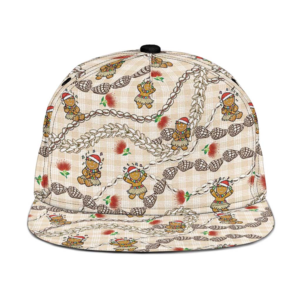 Beige Palaka Hawaii Mele Kalikimaka Snapback Cap Ohia Lehua Shell Leis Funny Gingerbread Santa - Polynesian Pride